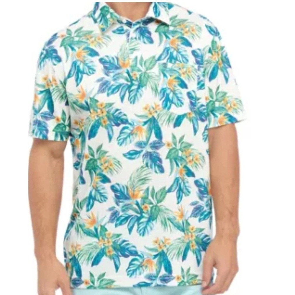 IZOD Saltwater‎ Polo Shirt Mens 2XB White Blue Tropical Floral Performance Golf